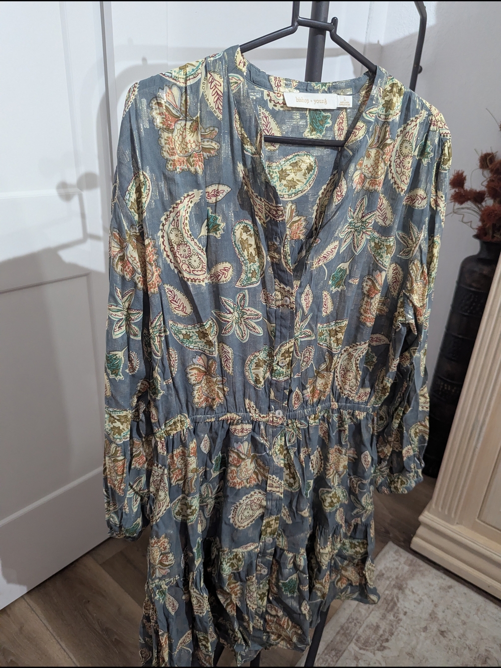 bishop + young Dusty Blue Paisley Tiered Long Sleeve Dress
